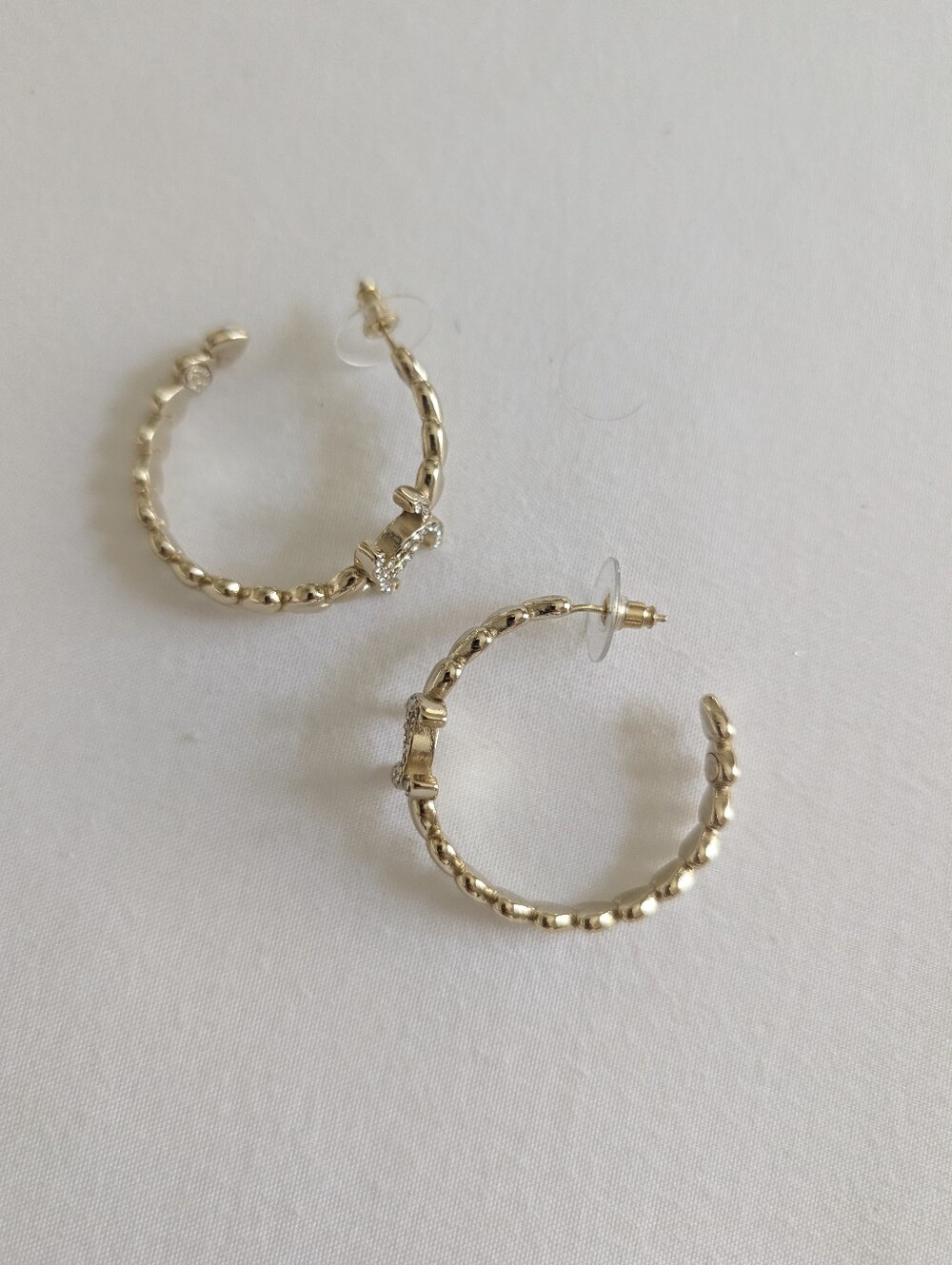 Chanel Gold Textured Bead Hoop Earrings - Women Jewelry